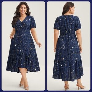 BloomChic NWOT Starry Ruffled Hem Slit Navy Midi Dress with Pockets Size 12